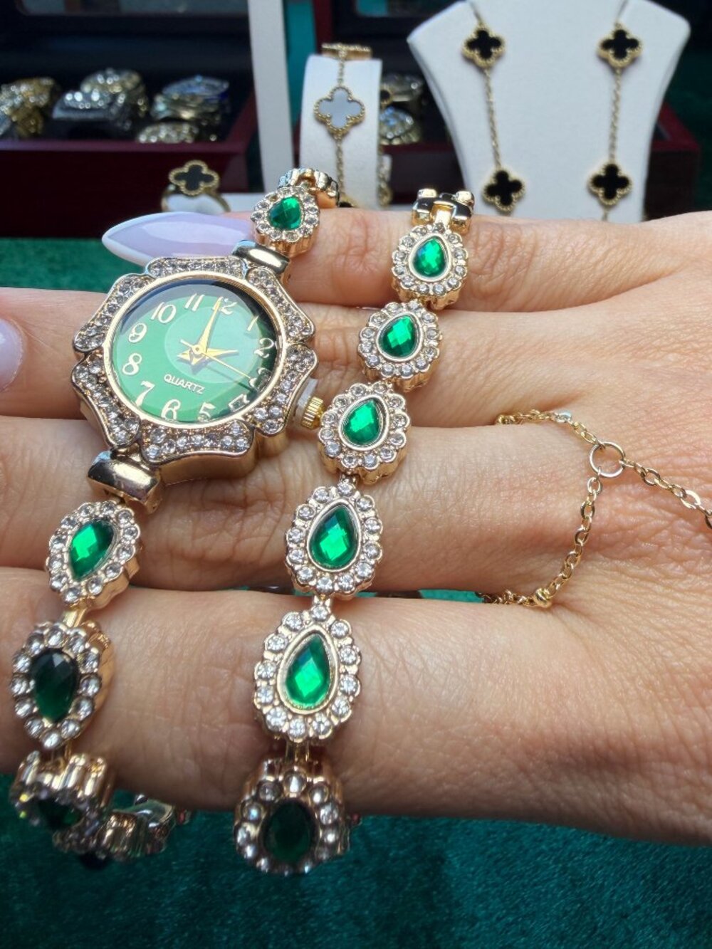 Gold Tone Rhinestone Bracelet Watch Green Teardrop Stones + Hand Chain Bracelet